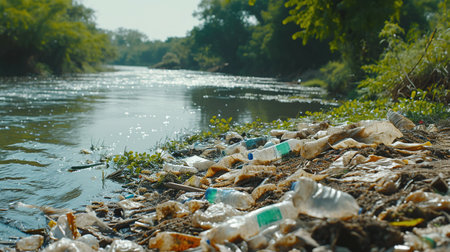 Garbage on the river bank. Environmental pollution. Plastic trash. generative ai.の素材