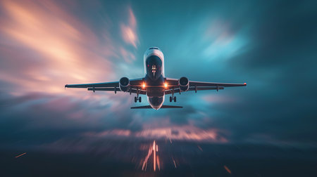 Airplane in the sky.Flying plane. Air travel. generative ai.の素材