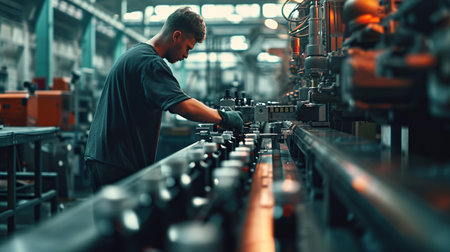 Worker at the machine. Work at the Heavy Industry Manufacturing Factory. Industrial Engineers. generative ai.の素材