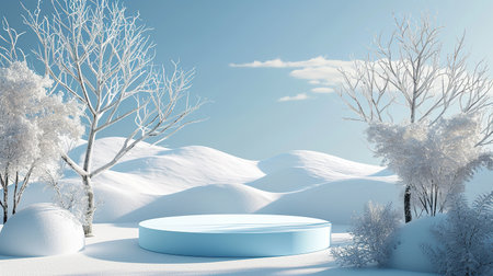 Presentation pedestal.Winter forest. Podium. generative ai.の素材