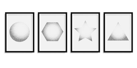 Geometric figures. Pictures in frame. Drawing using dots. White noise grainy texture. Vector...