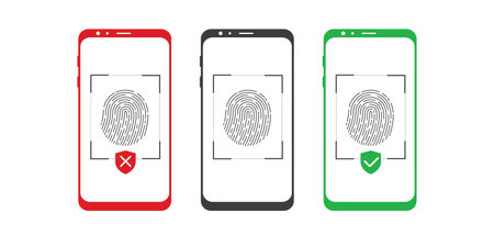 Mobile phone. Set of fingerprints. Security access sign.Safety lock. Vector illustration.のイラスト素材