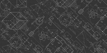 Black school background.Formulas and drawings. Physics and mathematics. scientific research. Vector illustration.のイラスト素材