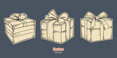 Gift boxes, drawing.Retro style. Holiday gift vector. Illustration of greeting bows.のイラスト素材