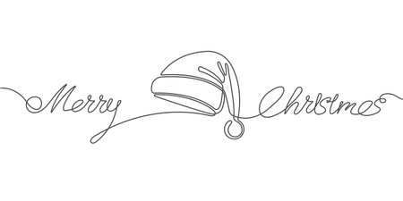 Merry Christmas. Santa Claus hat .New Year's inscription. One line drawing. Vector illustration.のイラスト素材