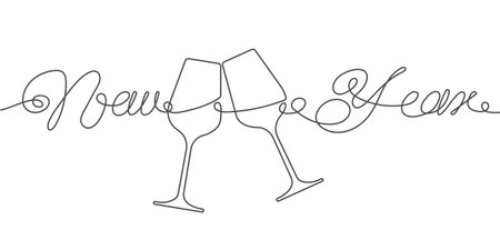 New Year .Glasses for alcohol.Festive champagne. Christmas holidays. One line drawing. Vector illustration.のイラスト素材