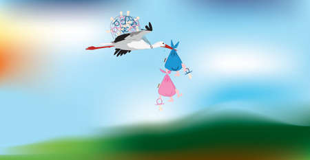 Comic vector image of a stork carrying two twinsのイラスト素材