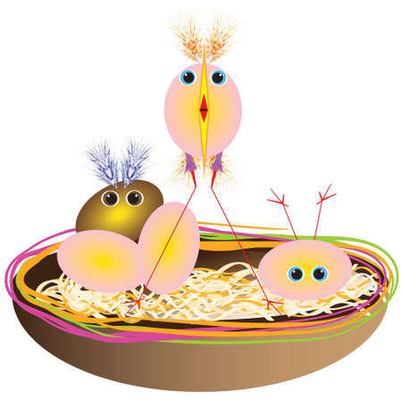 A humorous illustration of hatching birds on a white background.のイラスト素材