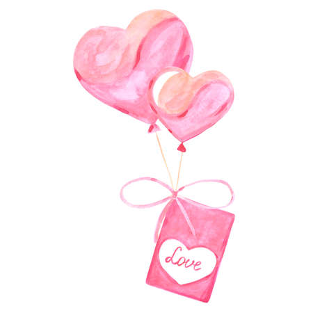 Hand drawn heart balloon message tag with a bow. Watercolor Pink elements for Valentine's day. Scrapbook design elements. Typography poster, card, label, banner design.の写真素材