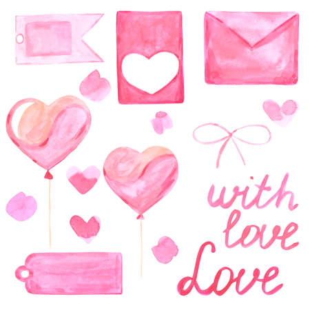 Hand drawn hearts, tags, envelope, spots, love signs. Watercolor Pink set of elements for Valentine's day. Scrapbook design elements. Typography poster, card, label, banner design set.の写真素材