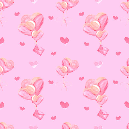 Handdrawn heart balloons seamless pattern. Watercolor pink hearts and love letter on the pink background. Scrapbook design, typography poster, label, banner, textileの写真素材