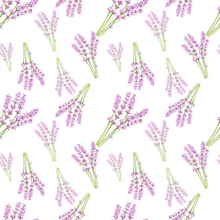 Handdrawn lavender flowers seamless pattern. Watercolor purple lavender on the white background. Scrapbook design, typography poster, label, banner, textileの写真素材