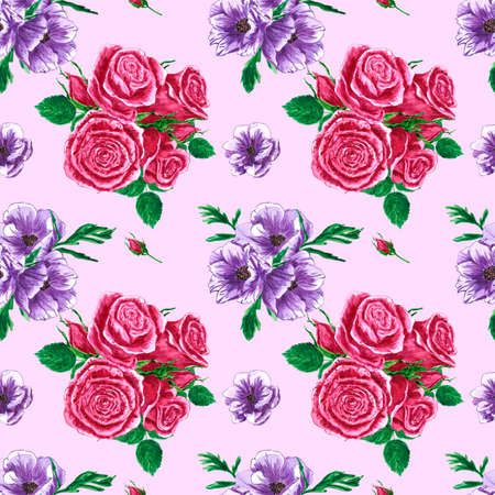 Handdrawn roses and anemones seamless pattern. Watercolor purple and pink flowers composition with green leaves on the purple background. Scrapbook design, typography poster, label, banner, textileの写真素材