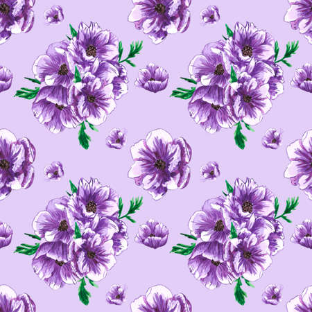 Handdrawn anemone seamless pattern. Watercolor purple flowers with green leaves on the purple background. Scrapbook design, typography poster, label, banner, textileの写真素材