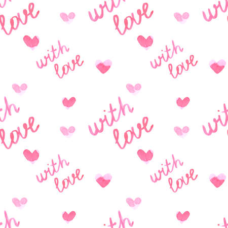 Handdrawn heart seamless pattern. Watercolor pink hearts and love sign on the white background. Scrapbook design, typography poster, label, banner, textileの写真素材