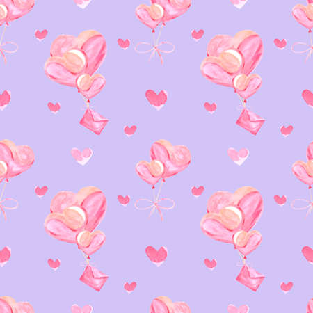 Handdrawn heart balloons seamless pattern. Watercolor pink hearts and love letter on the milky blue background. Scrapbook design, typography poster, label, banner, textileの写真素材
