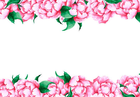 Handdrawn Watercolor pink peony flowers frame with green leaves and buds on the white background. Scrapbook design, wedding invitation, label, banner, post cardの写真素材