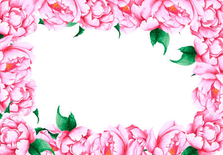 Handdrawn Watercolor pink peony flowers frame with green leaves and buds on the white background. Scrapbook design, wedding invitation, label, banner, post cardの写真素材