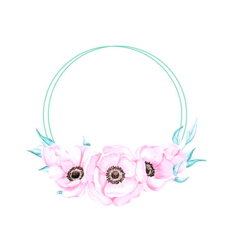 Handdrawn anemone wreath. Watercolor wind flower on the white background. Scrapbook design elements. Typography poster, wedding card, label, banner design setの写真素材