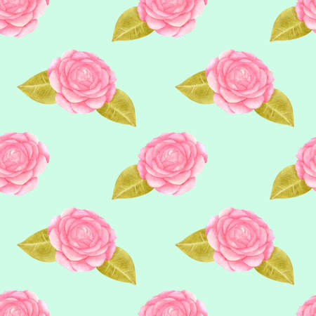 Handdrawn roses seamless pattern. Watercolor pink flowers with green leaves on the mint background. Scrapbook design, typography poster, label, banner, textileの写真素材