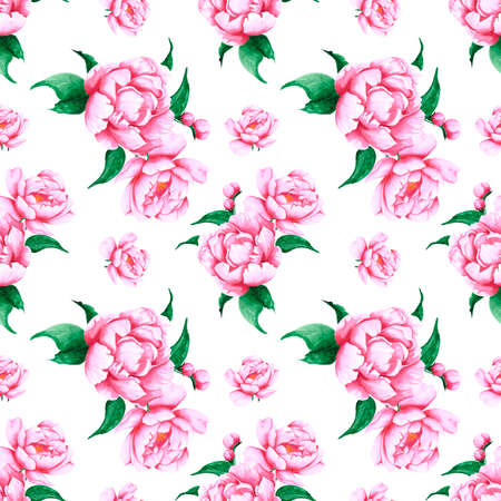 Handdrawn peony flowers seamless pattern. Watercolor pink peonies on the white background. Scrapbook design, typography poster, label, banner, textileの写真素材