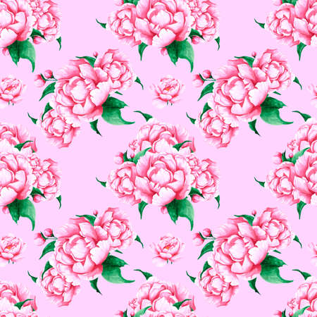 Handdrawn peony flowers seamless pattern. Watercolor pink peonies on the pink background. Scrapbook design, typography poster, label, banner, textileの写真素材