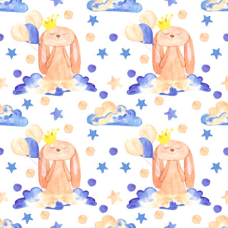 Handdrawn watercolor bunny, clouds and stars seamless pattern children's textile. Scrapbook design, typography poster, label, banner, post cardの写真素材