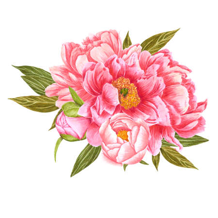 Handdrawn Watercolor red, cream and pink peony flowers bouquet with green leaves on the white background. Scrapbook design, typography poster, label, banner, post cardの写真素材