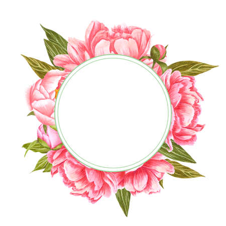 Handdrawn Watercolor pink and red peony flowers round frame with green leaves and buds on the white background. Scrapbook design, wedding invitation, label, banner, post cardの写真素材