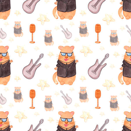 Handdrawn watercolor seamless pattern with cats for children's textile. Scrapbook design, typography poster, label, banner, post cardの写真素材