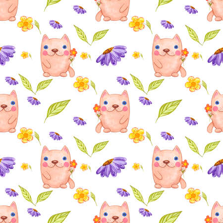 Handdrawn watercolor seamless pattern with cats for children's textile. Scrapbook design, typography poster, label, banner, post cardの写真素材