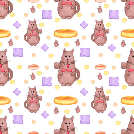 Handdrawn watercolor seamless pattern with cats for children's textile. Scrapbook design, typography poster, label, banner, post cardの写真素材
