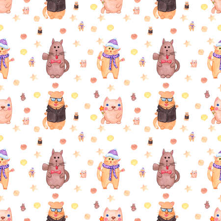 Handdrawn watercolor seamless pattern with cats for children's textile. Scrapbook design, typography poster, label, banner, post cardの写真素材