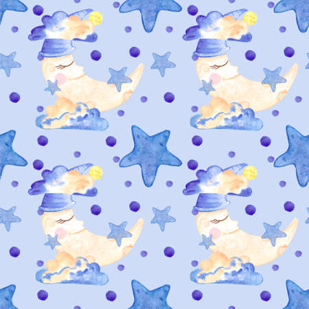 Handdrawn watercolor moon, clouds and stars seamless pattern children's textile. Scrapbook design, typography poster, label, banner, post cardの写真素材