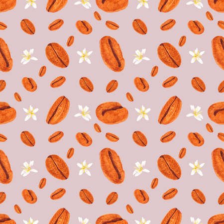 Handdrawn Watercolor coffee seeds and flowers seamless pattern. Scrapbook design, typography poster, label, banner, post card, textileの写真素材