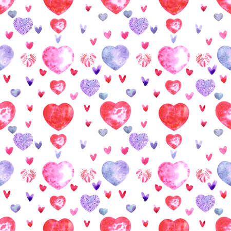 Hand drawn watercolor hearts seamless pattern on the white background. Scrapbook design, typography...