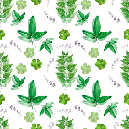 Handdrawn Watercolor green leaves seamless pattern on the white background. Scrapbook design, typography poster, label, banner, post card, textileの写真素材