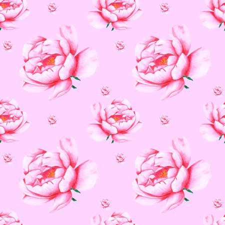 Handdrawn peony flowers seamless pattern. Watercolor pink peonies on the pink background. Scrapbook design, typography poster, label, banner, textileの写真素材