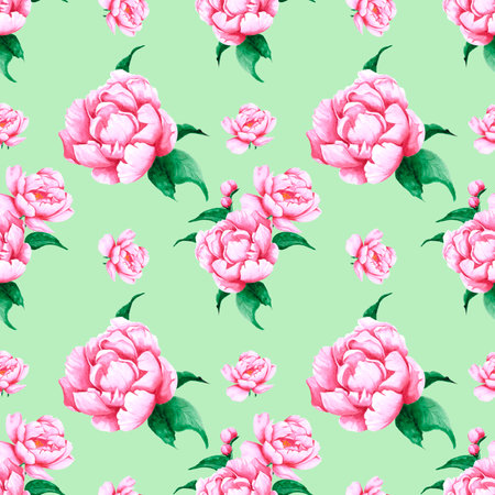 Handdrawn peony flowers seamless pattern. Watercolor pink peonies on the green background. Scrapbook design, typography poster, label, banner, textileの写真素材