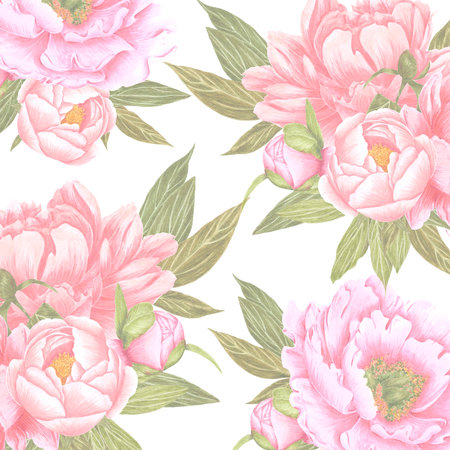 Handdrawn Watercolor peony flowers bouquet with green leaves and buds on the white background. Scrapbook design, wedding invitation, label, banner, post cardの写真素材