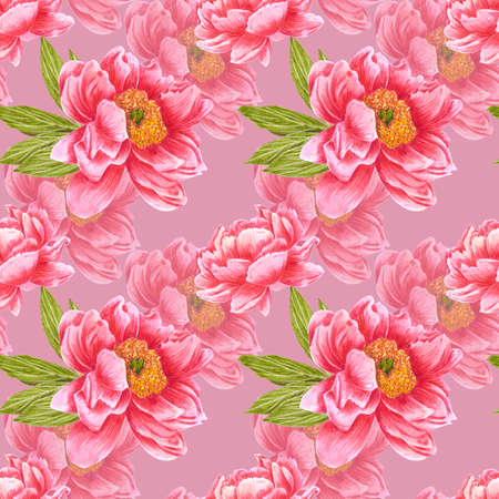 Handdrawn peony flowers seamless pattern. Watercolor red peony with green leaves on the pink background. Scrapbook design, typography poster, label, banner, textileの写真素材