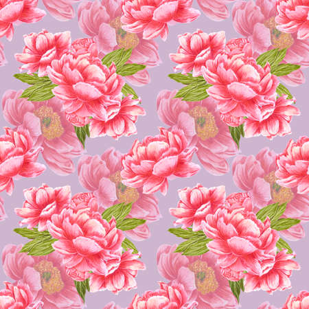 Handdrawn peony flowers seamless pattern. Watercolor red peony with green leaves on the gray background. Scrapbook design, typography poster, label, banner, textileの写真素材