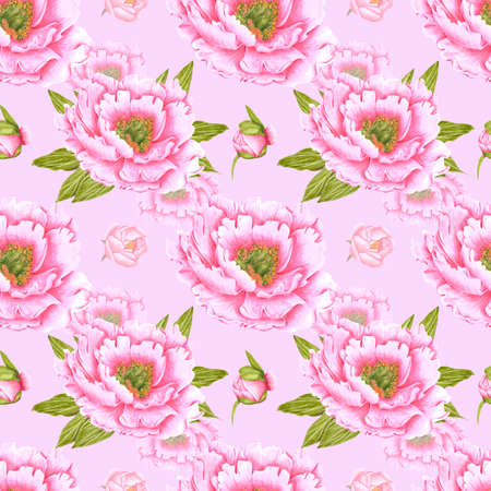 Handdrawn peony flowers seamless pattern. Watercolor pink peony with green leaves on the dusty rose background. Scrapbook design, typography poster, label, banner, textileの写真素材