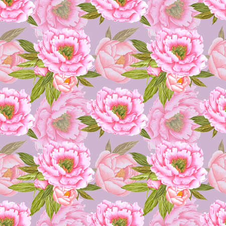 Handdrawn peony flowers seamless pattern. Watercolor pink peony with green leaves on the gray background. Scrapbook design, typography poster, label, banner, textileの写真素材