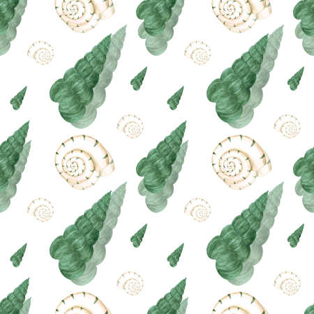 Hand drawn Watercolor seashells pattern on the white background. Scrapbook design elements....