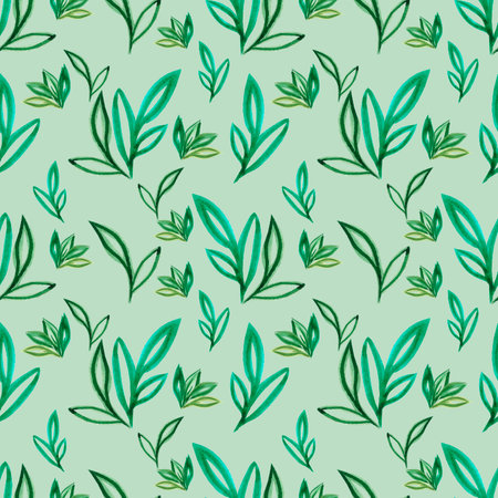 Hand drawn Watercolor green abstract leaves seamless pattern on the gray background. Scrapbook design elements. Typography poster, wedding invitation, postcard, label, banner designの写真素材