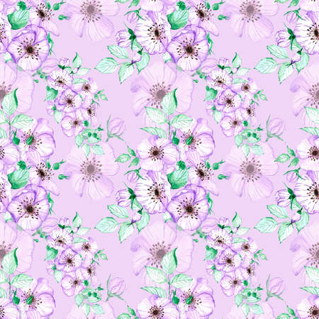 Handdrawn anemone seamless pattern. Watercolor purple flowers with green leaves on the purple background. Scrapbook design, typography poster, label, banner, textileの写真素材