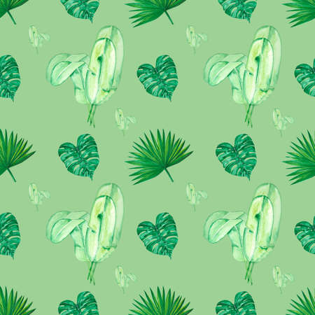 Handdrawn Watercolor green tropical leaves seamless pattern on the white background. Scrapbook design, typography poster, label, banner, post card, textileの写真素材