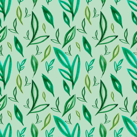 Hand drawn Watercolor green abstract leaves seamless pattern on the green background. Scrapbook design elements. Typography poster, wedding invitation, postcard, label, banner designの写真素材