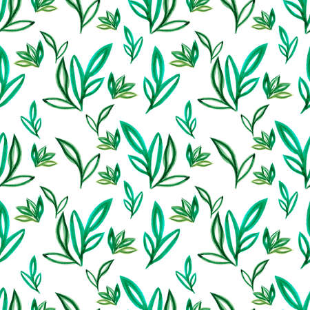 Hand drawn Watercolor green abstract leaves seamless pattern on the white background. Scrapbook design elements. Typography poster, wedding invitation, postcard, label, banner designの写真素材